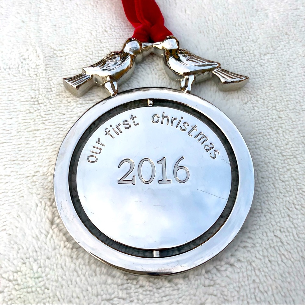First Christmas 2016 Ornament Silver Round Two Birds Red Velvet